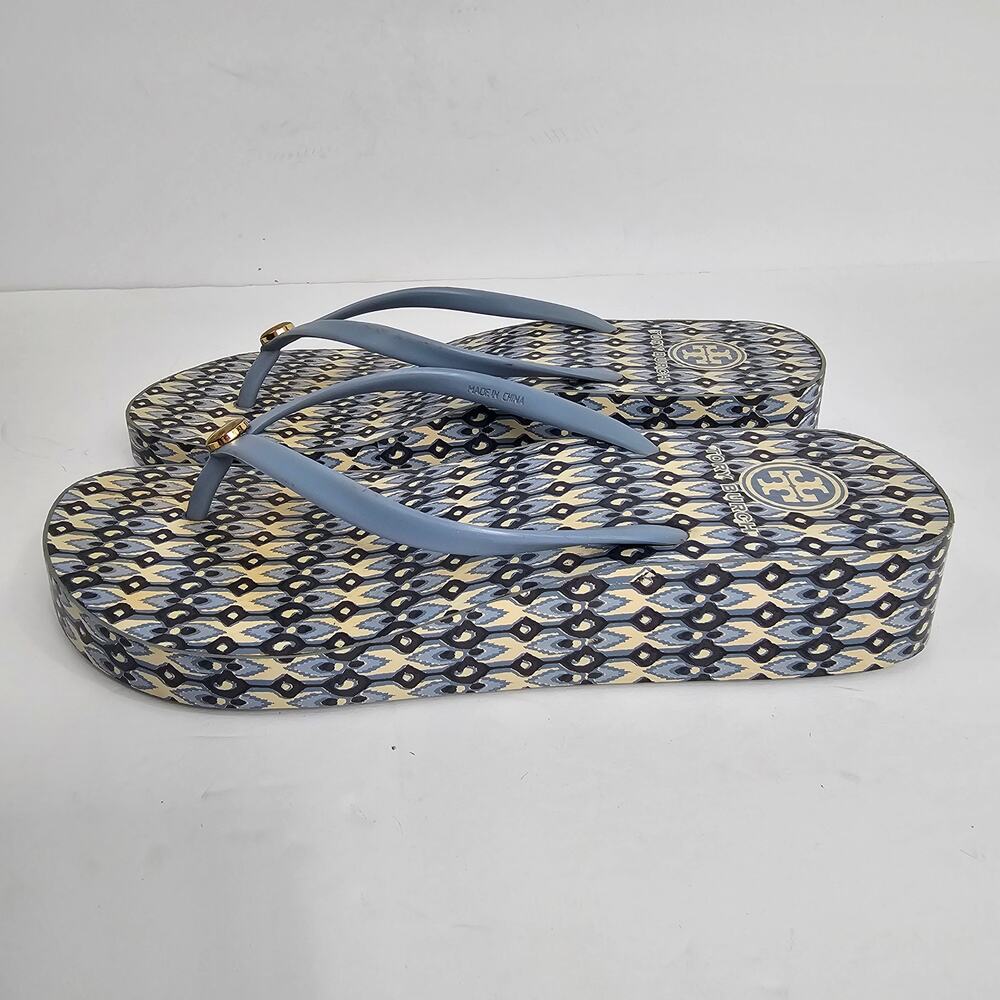Tory Burch Blue Wedge Geometric Print Thong Flip Flop Sandals Size Unmarked 25cm - Picture 2 of 12